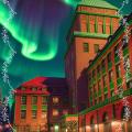 'Winter Wisdom under the Northern Lights' Spell': Das Motiv der Festtagskarte 2023, generiert von Sujeni Sevvel auf Basis einer selbst gemachten Aufnahme des Hauptgebäudes (Bild: Uni Zürich)