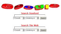 Altes Google-Logo und frühes Layout des ikonischen Suchfeldes der Google-Startseite - mit der Möglichkeit, nur Stanford-Webseiten oder das gesamte Web zu durchforsten (Bild: Google)